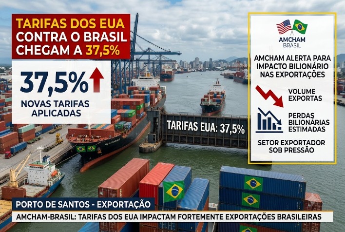 Tarifas dos EUA contra o Brasil chegam a 37,5% e Amcham alerta para impacto bilionário nas exportações