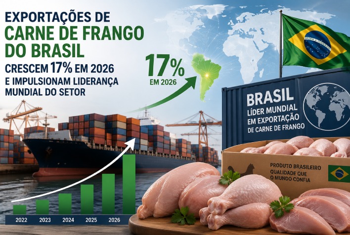 Exportações de carne de frango do Brasil crescem 17% em 2026 e impulsionam liderança mundial do setor