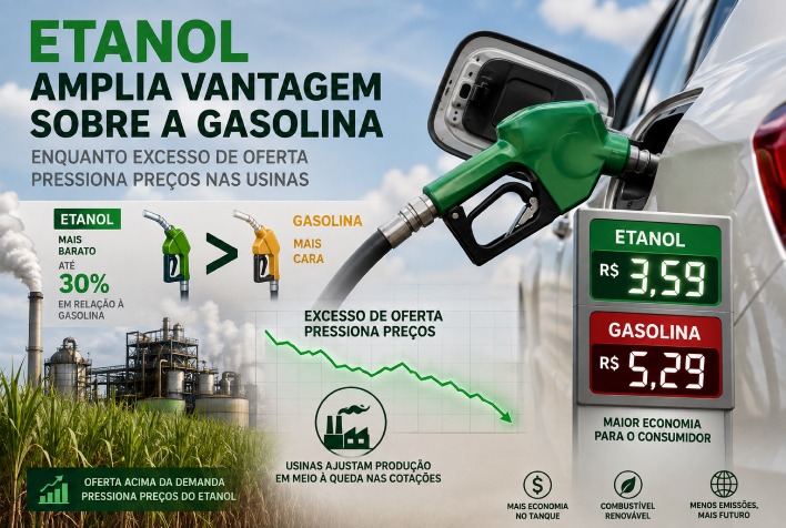 Etanol amplia vantagem sobre a gasolina enquanto excesso de oferta pressiona preços nas usinas