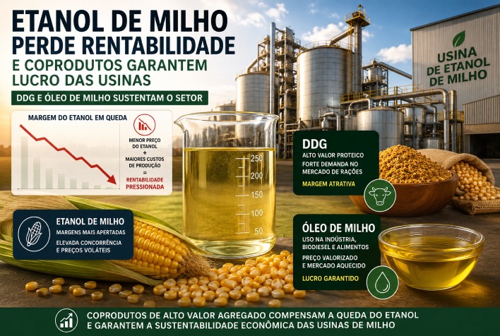 Etanol de milho perde rentabilidade e coprodutos garantem lucro das usinas; DDG e óleo de milho sustentam o setor