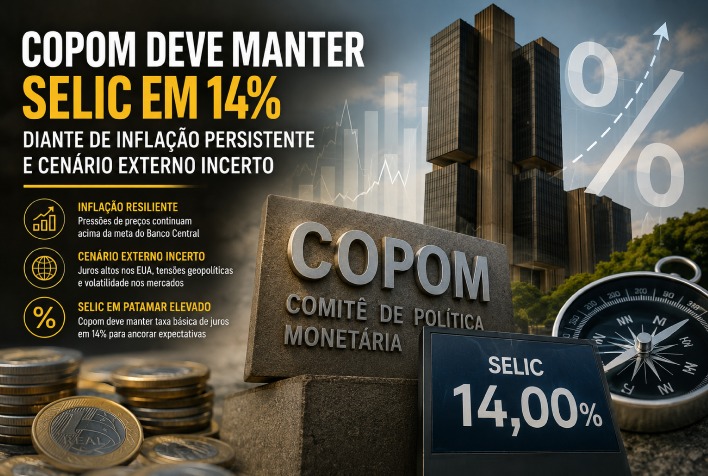 Copom deve manter Selic em 14% diante de inflação persistente e cenário externo incerto