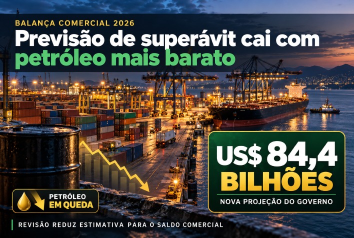 Superávit comercial de 2026 tem previsão reduzida para US$ 84,4 bilhões com petróleo mais barato