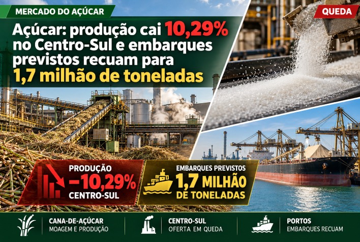 Açúcar: produção cai 10,29% no Centro-Sul e embarques previstos recuam para 1,7 milhão de toneladas